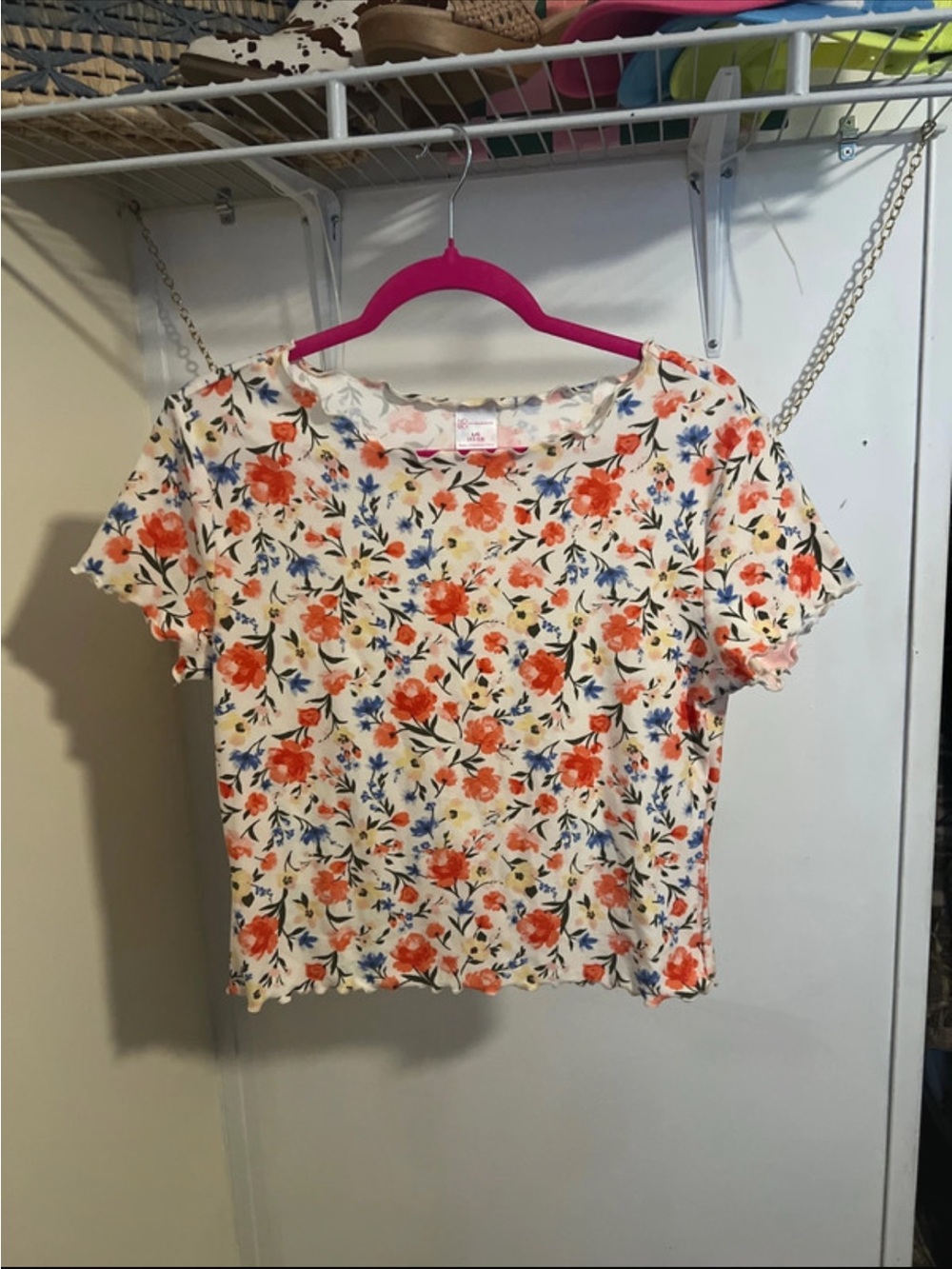 No Boundaries Cream Short Sleeve Floral Crop Top with Orange & Blue Flowers